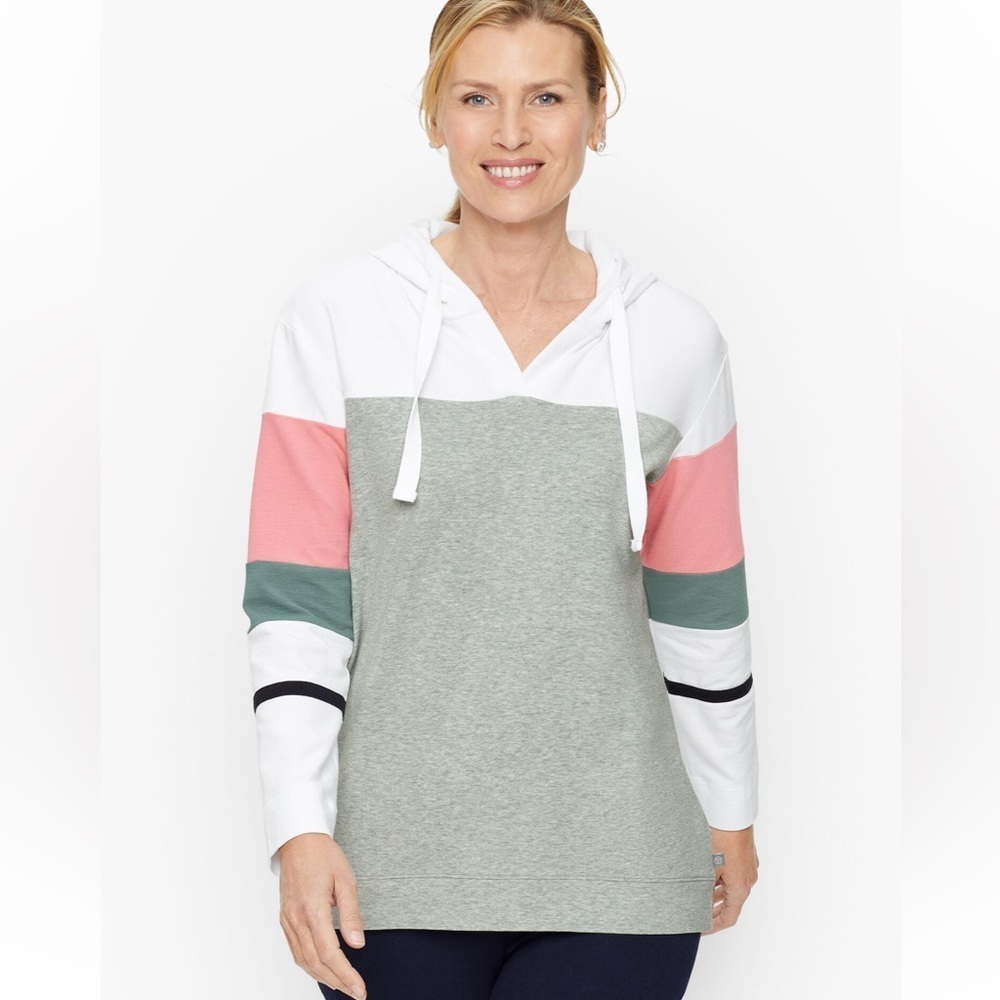 T by Talbots Colorblock V-Neck High-Low Hooded Pullover Small
